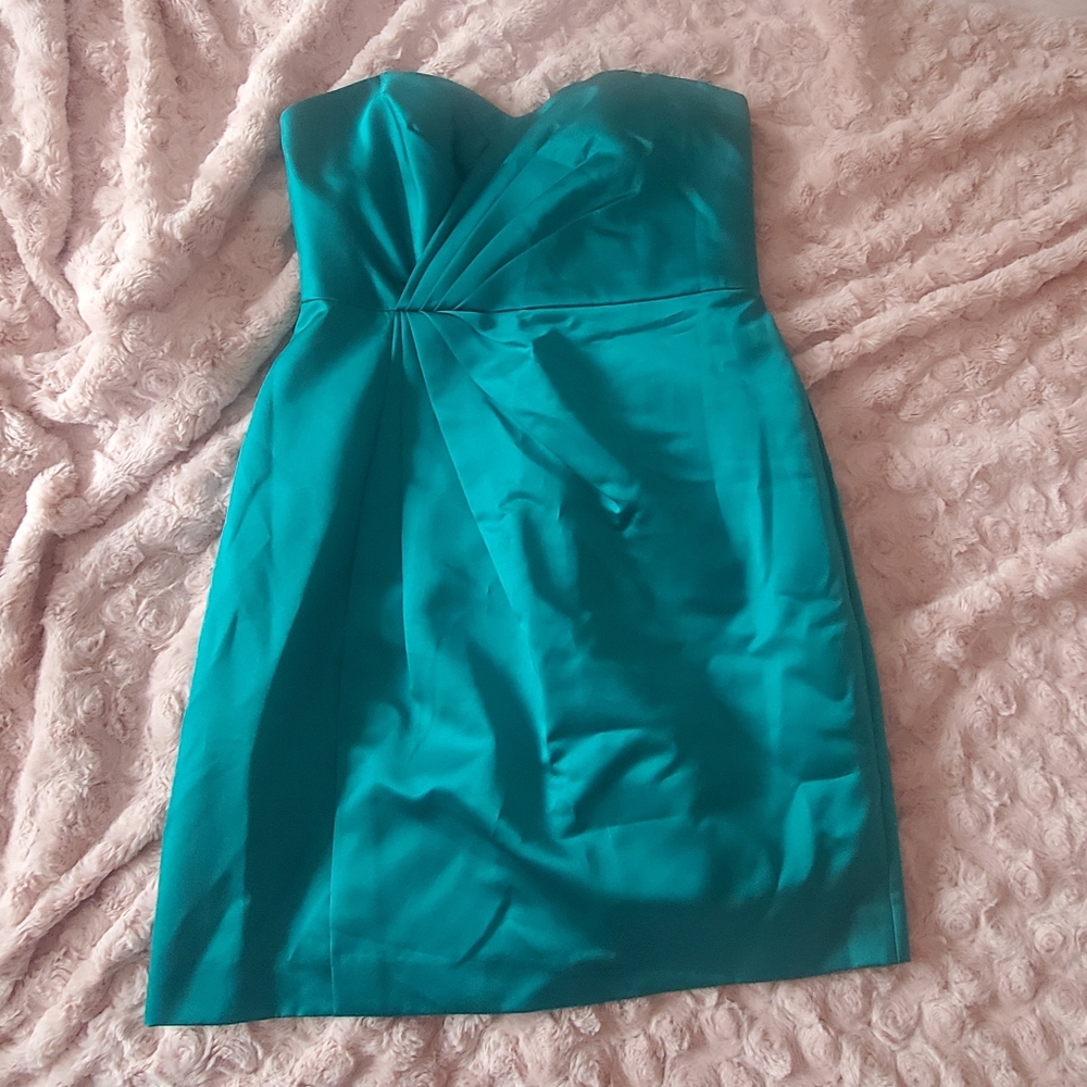 David's Bridal teal green strapless bridesmaid dress